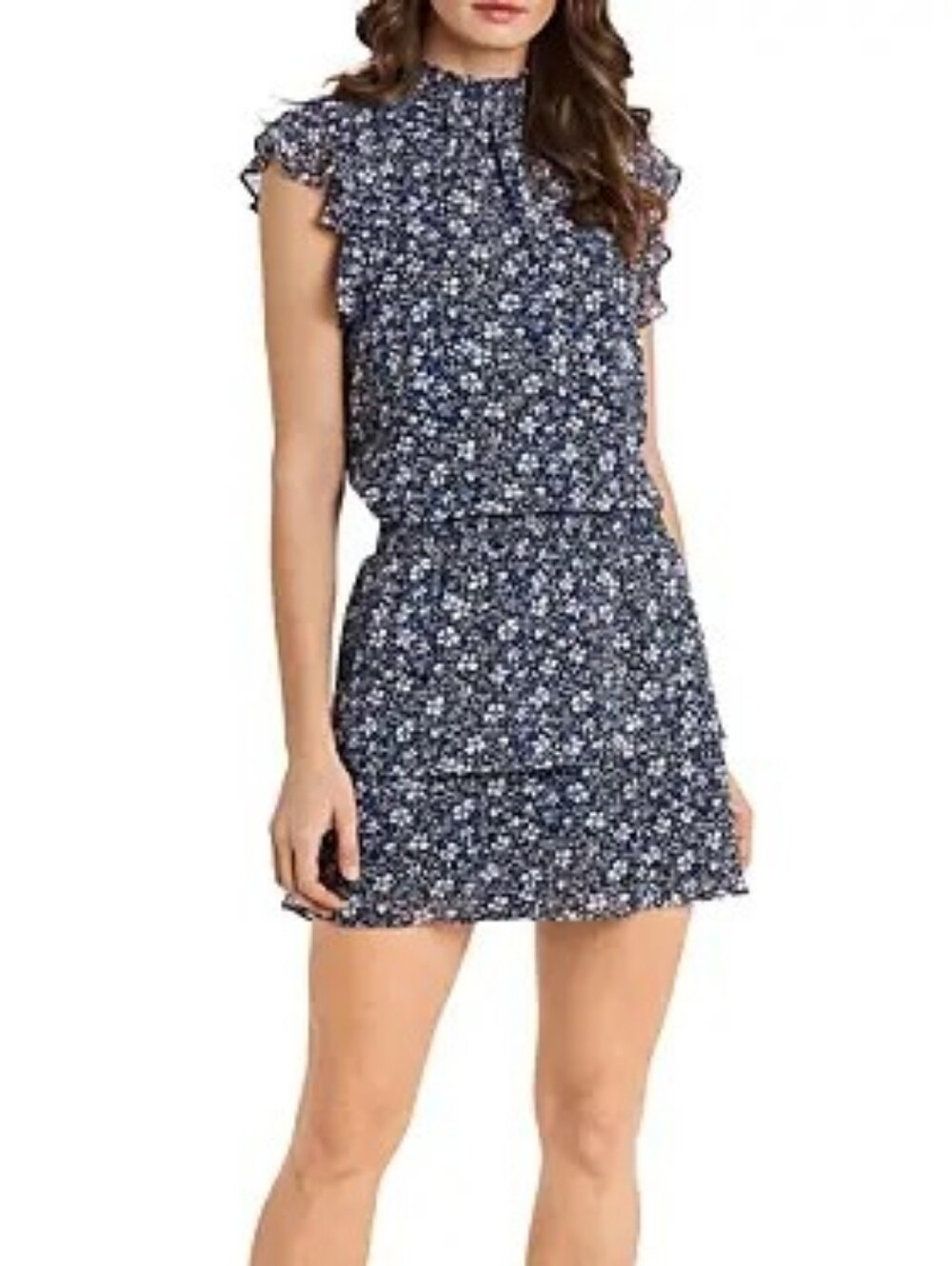 Ruffled High-Neck Floral Mini Dress in Navy. NWT Size Large